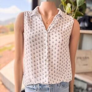 Coliseum Collection-Collared Sleeveless Buttoned Navy Anchor Top-Women’s Medium